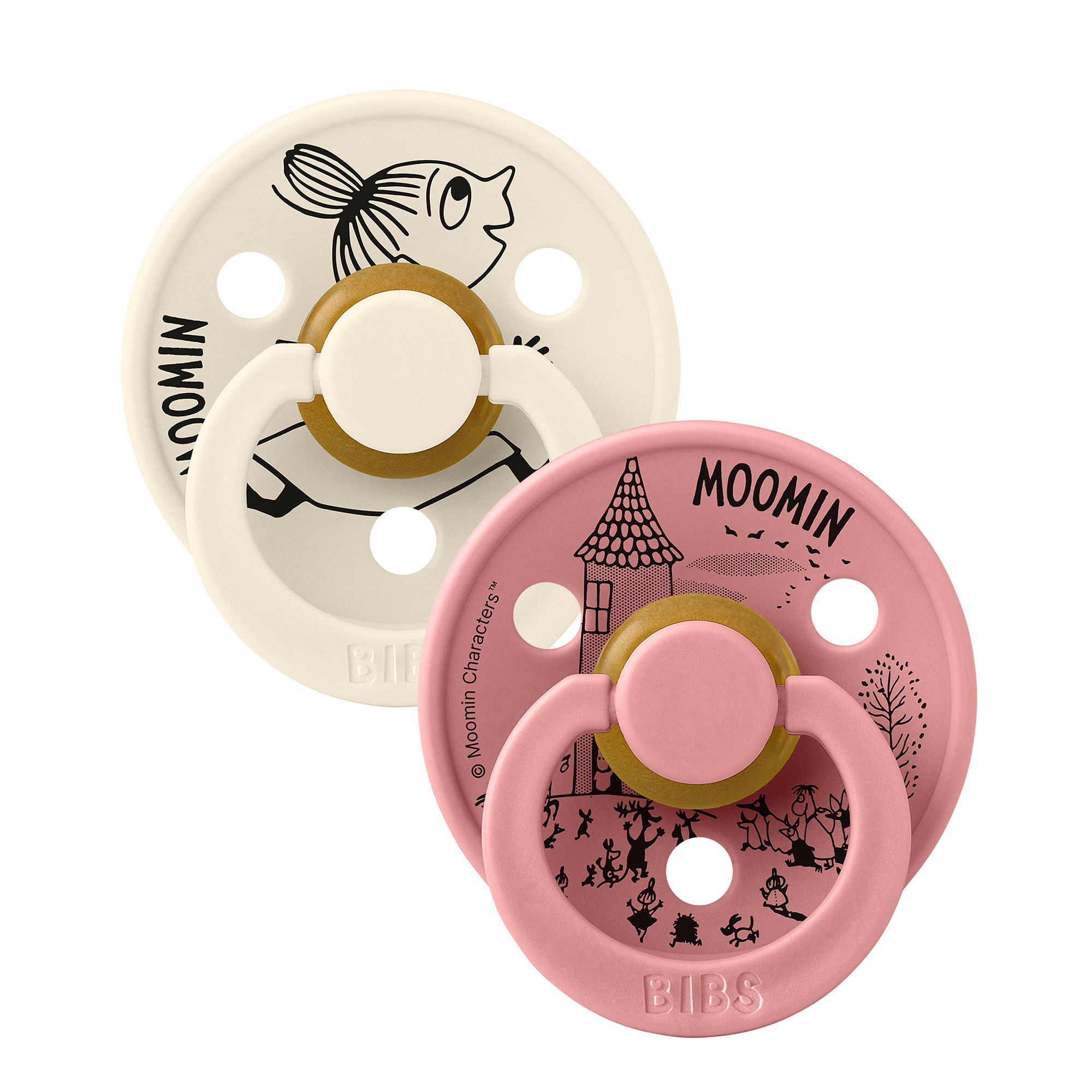 BIBS x Moomin Colour cumlíky z prírodného kaučuku 2ks - veľkosť 1 - Little My Ivory / Dusty Pink